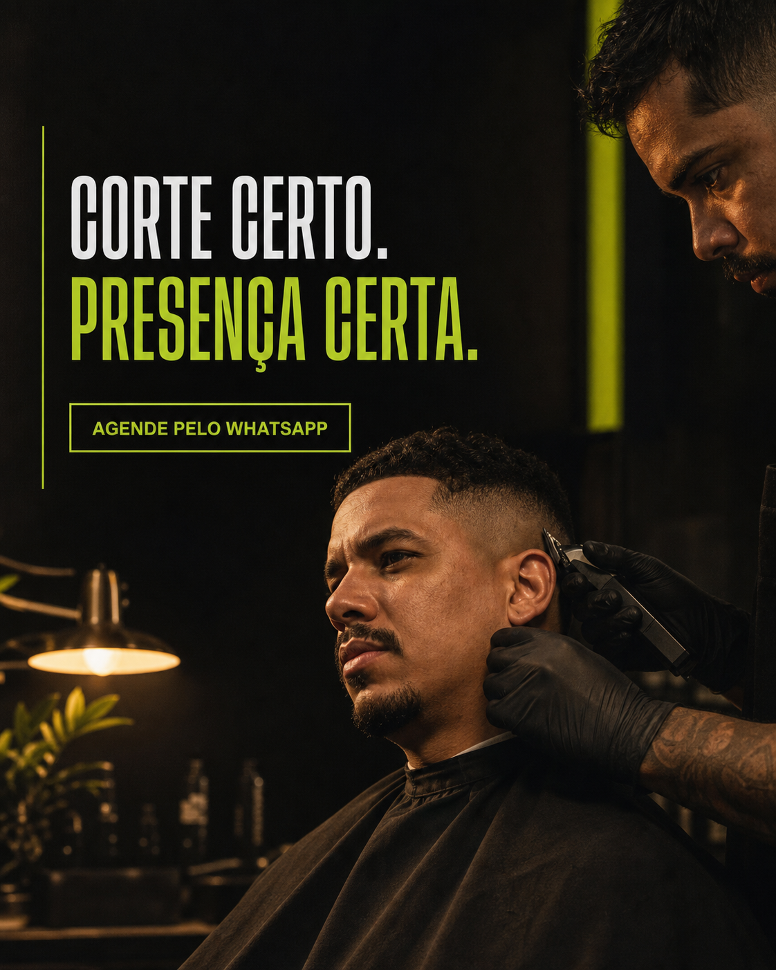 Anúncio conceitual para barbearia local com chamada para agendamento pelo WhatsApp